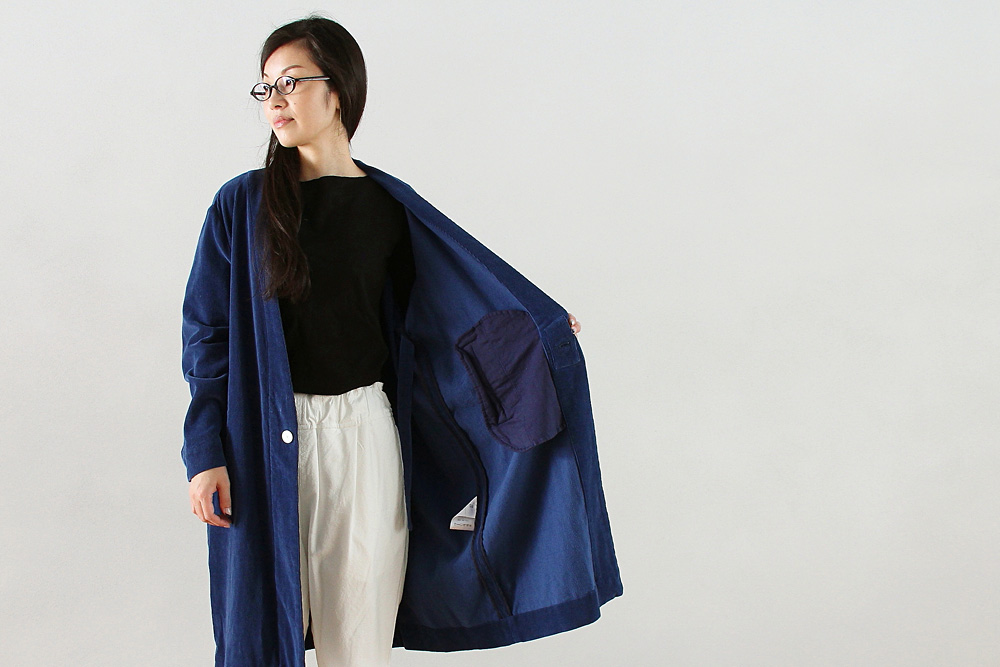 FIRMUM/フィルマム/コットンコーデュロイ 小釜染め ノーカラーロングコート/XS/M/ユニセックス/3色/A6-F071C